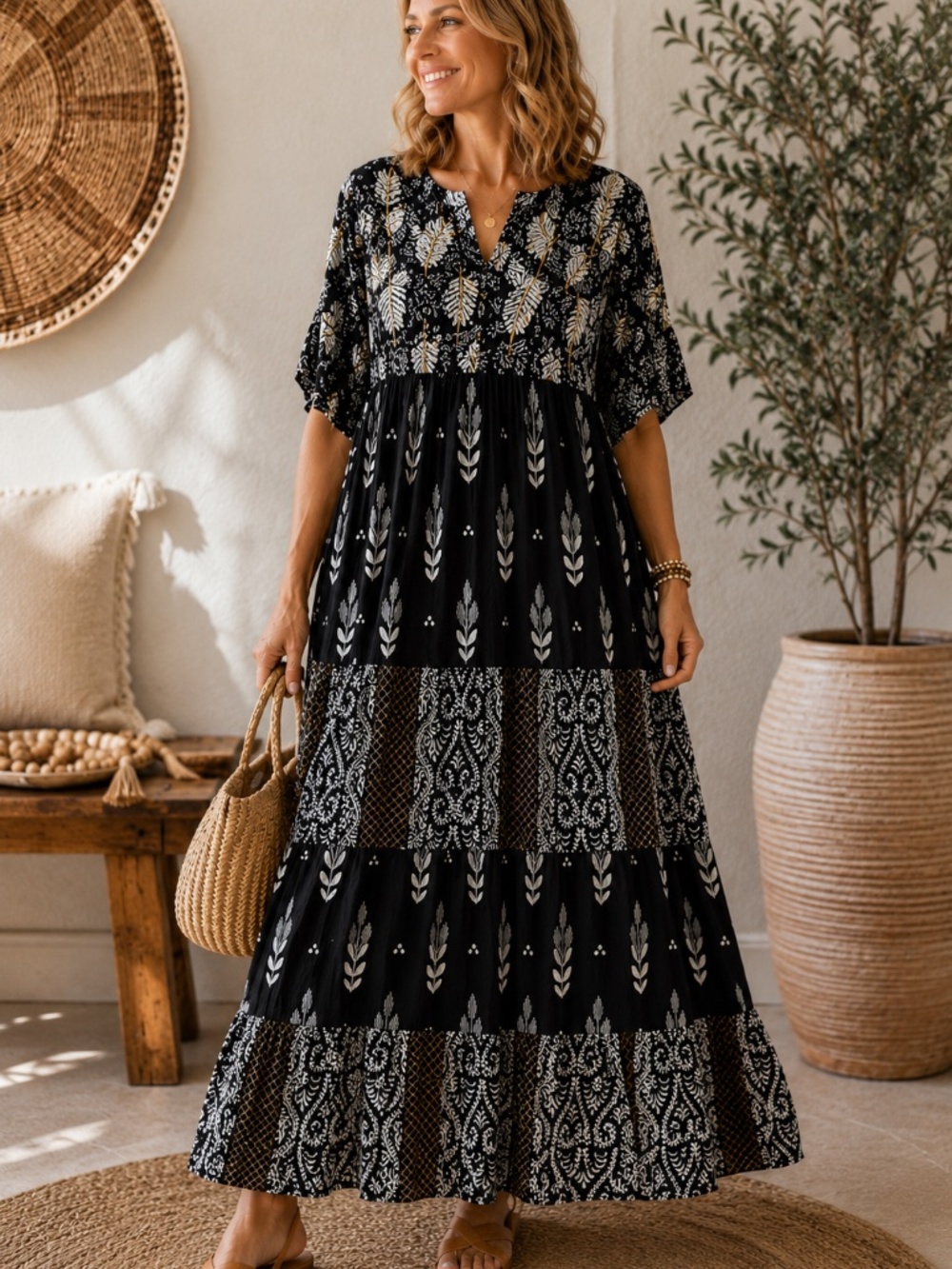 Papillon Black White Beaded Boho Maxi Dress Size L 100% Viscose